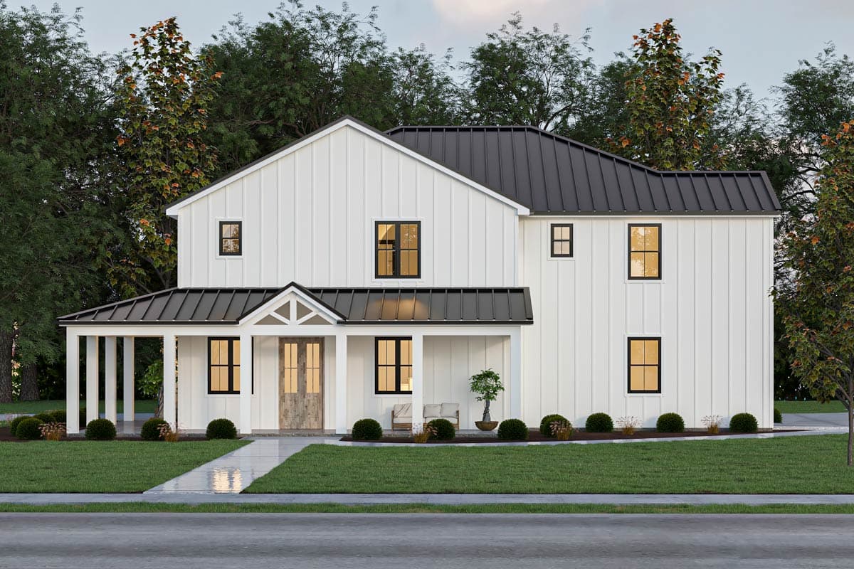House plan exterior. Two-story Modern Farmhouse with a porch, gabled roof, and black metal roof. Vertical siding and multiple windows are visible.