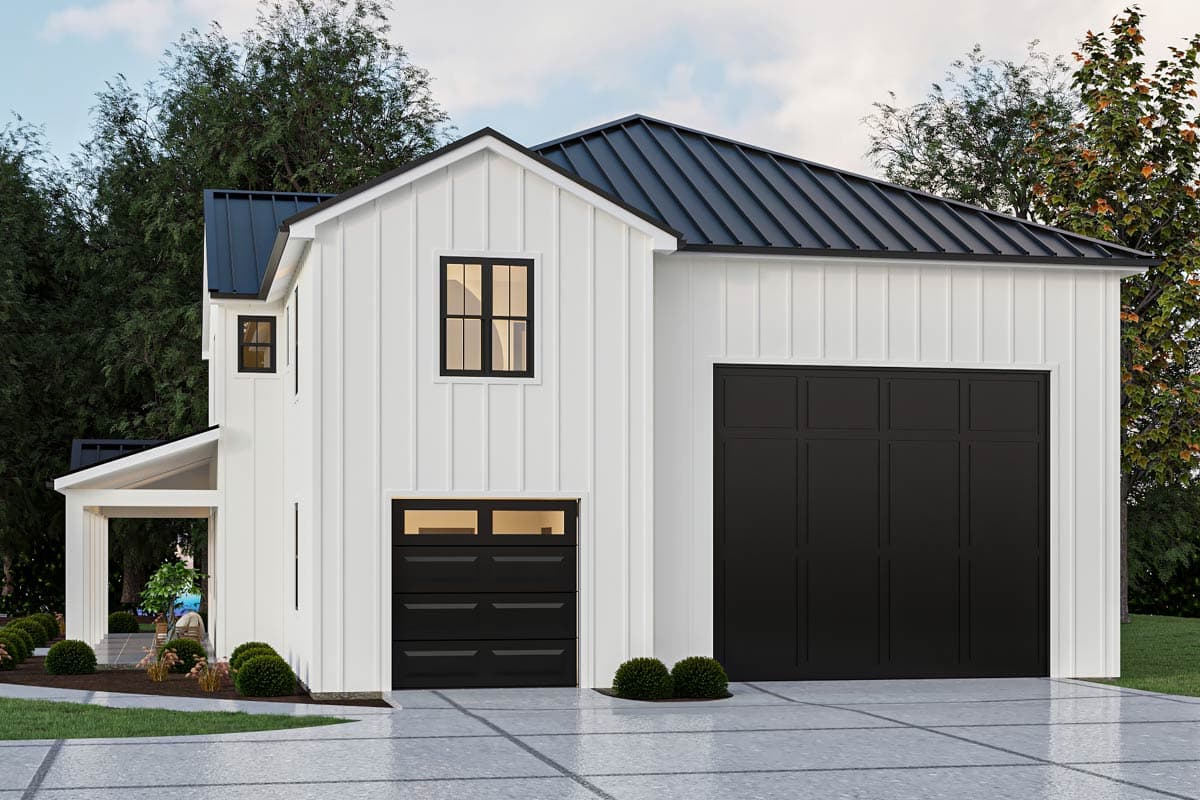 Modern Farmhouse house plan exterior with vertical siding, metal roof, and two-car garage.