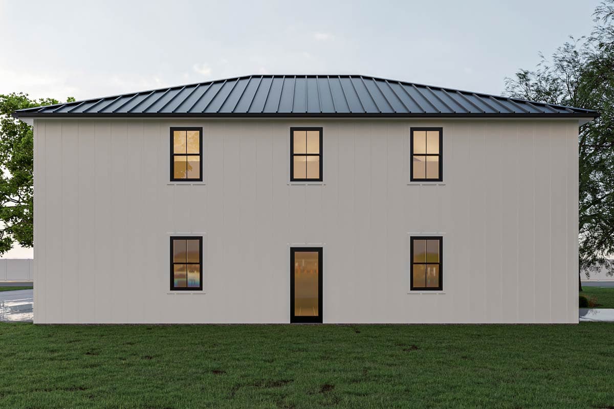 House plan exterior: two-story dwelling with vertical siding, a standing seam metal roof, and six black-framed windows.