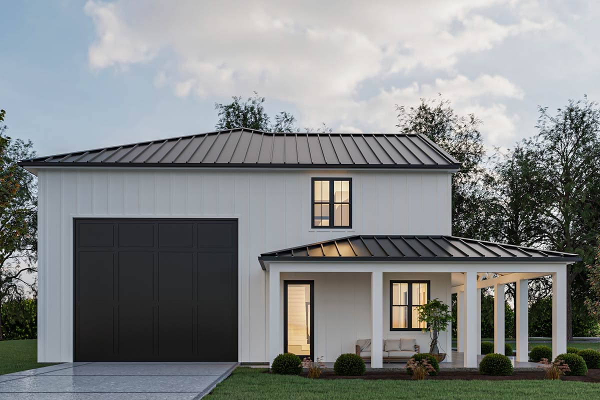 Modern Farmhouse house plan exterior: two stories, white board-and-batten siding, black metal roof, large garage door, and covered porch.