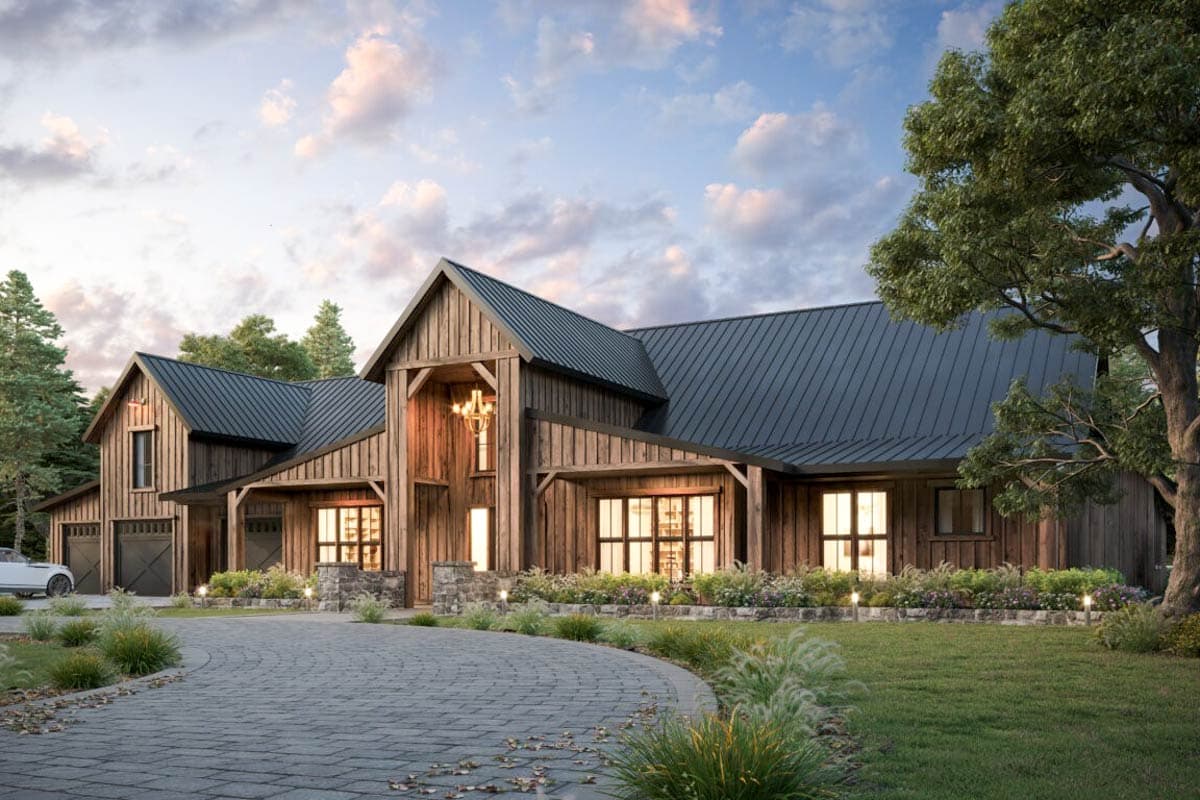 House plan exterior. Two-story Modern Farmhouse with gable roof, covered porch, and attached garage. Exterior features wood siding and stone accents.