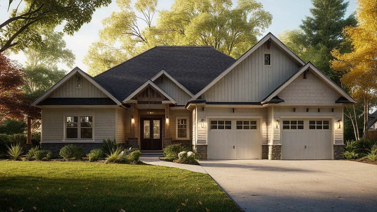 House plan exterior: Ranch style, one story, with a prominent gable, wood-clad entry porch, and a three-car garage.