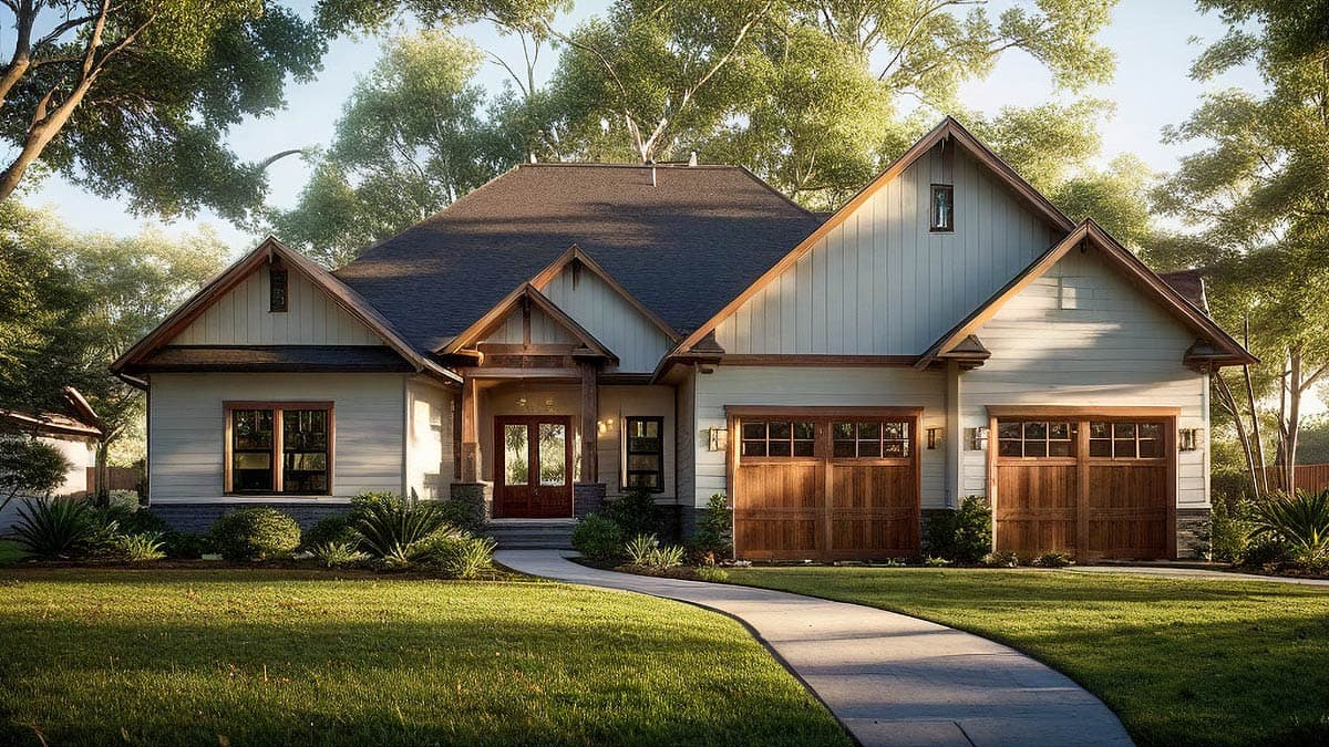 House plan exterior, modern farmhouse style, one story, covered entry porch, double garage doors, and gabled rooflines.