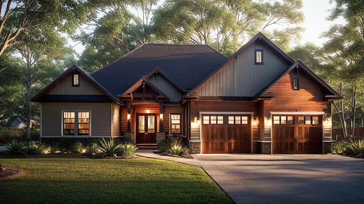 House plan exterior: Ranch style, two garage bays, deep front porch with wood posts, gables with siding and stone accents.