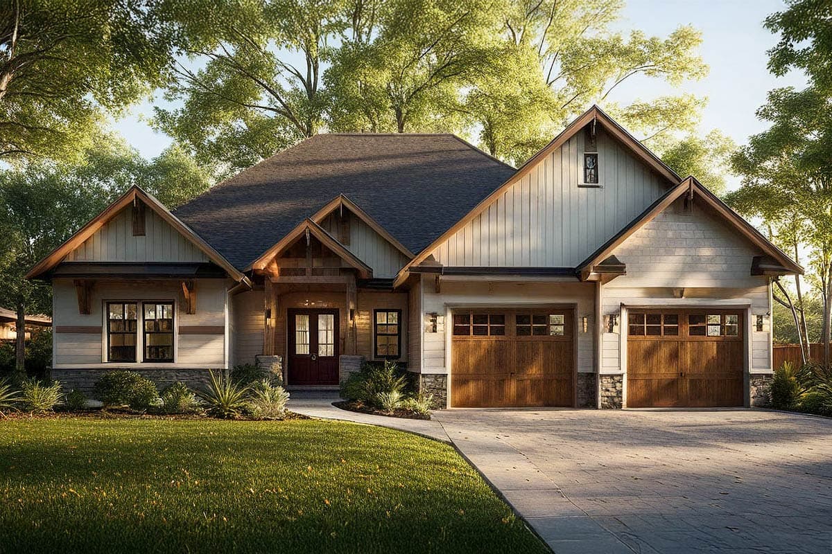House plan exterior. Craftsman style, one story. Features include multiple gables, a covered entry, and a two-car garage with wood doors.