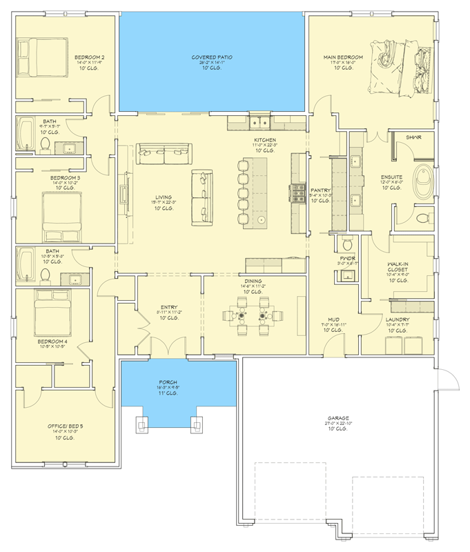 Plan 744513ABR: Elegant 5-Bedroom Craftsman House Plan with Open Layout and Home Office - Floor Plan - Main Level - Craftsman, Mountain, New American