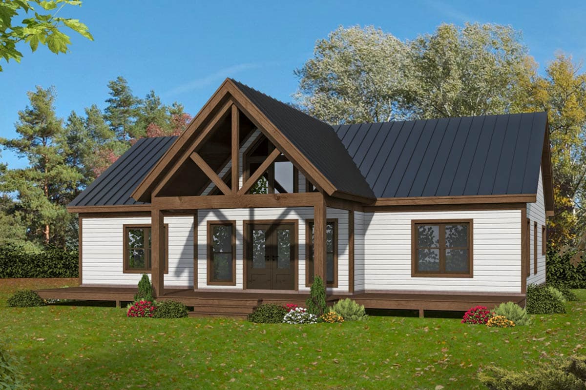 House plan exterior. One-story structure with a gable roof, timber-framed porch, and exposed wood beams.