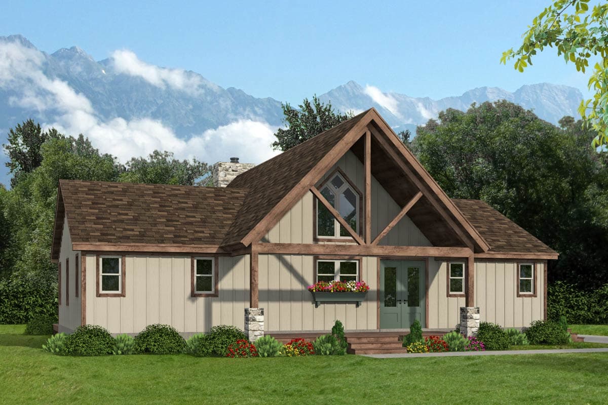 House plan exterior. One-story Craftsman with exposed gable trusses, stone porch columns, and a front-facing gable with a decorative window.