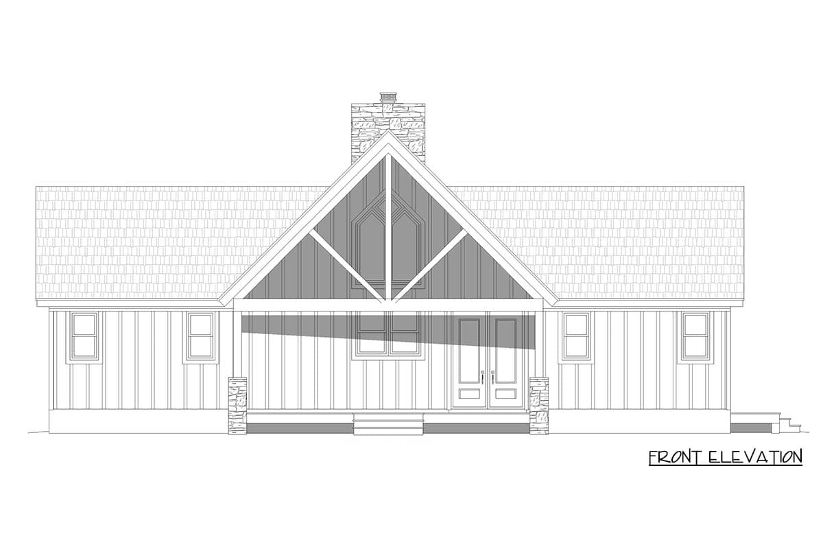 Front elevation drawing of a one-story house plan with a prominent gable, covered porch, and stone chimney.
