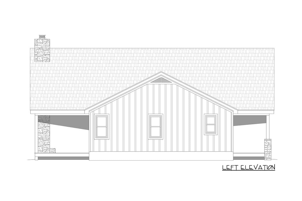 Left elevation house plan: one-story, gable roof, three windows, stone chimney, and covered porch with stone column.