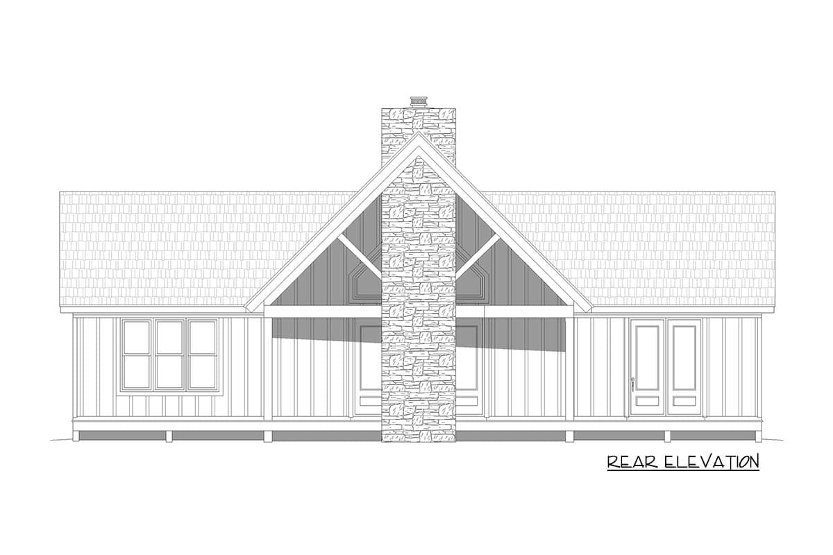Rear elevation of a house plan featuring a prominent stone chimney, gable end with exposed beams, and double doors.