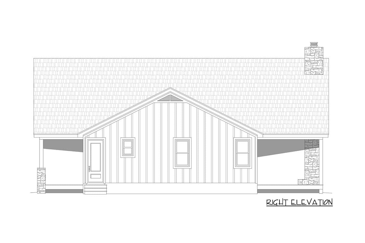 Right elevation house plan: single-story, gable roof, front porch with stone pillars, entry door, and stone chimney.