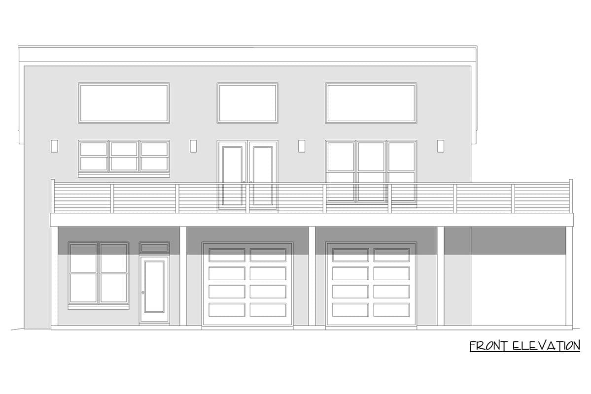 Front elevation drawing shows a two-story house plan with three garage doors, a balcony, and horizontal windows.