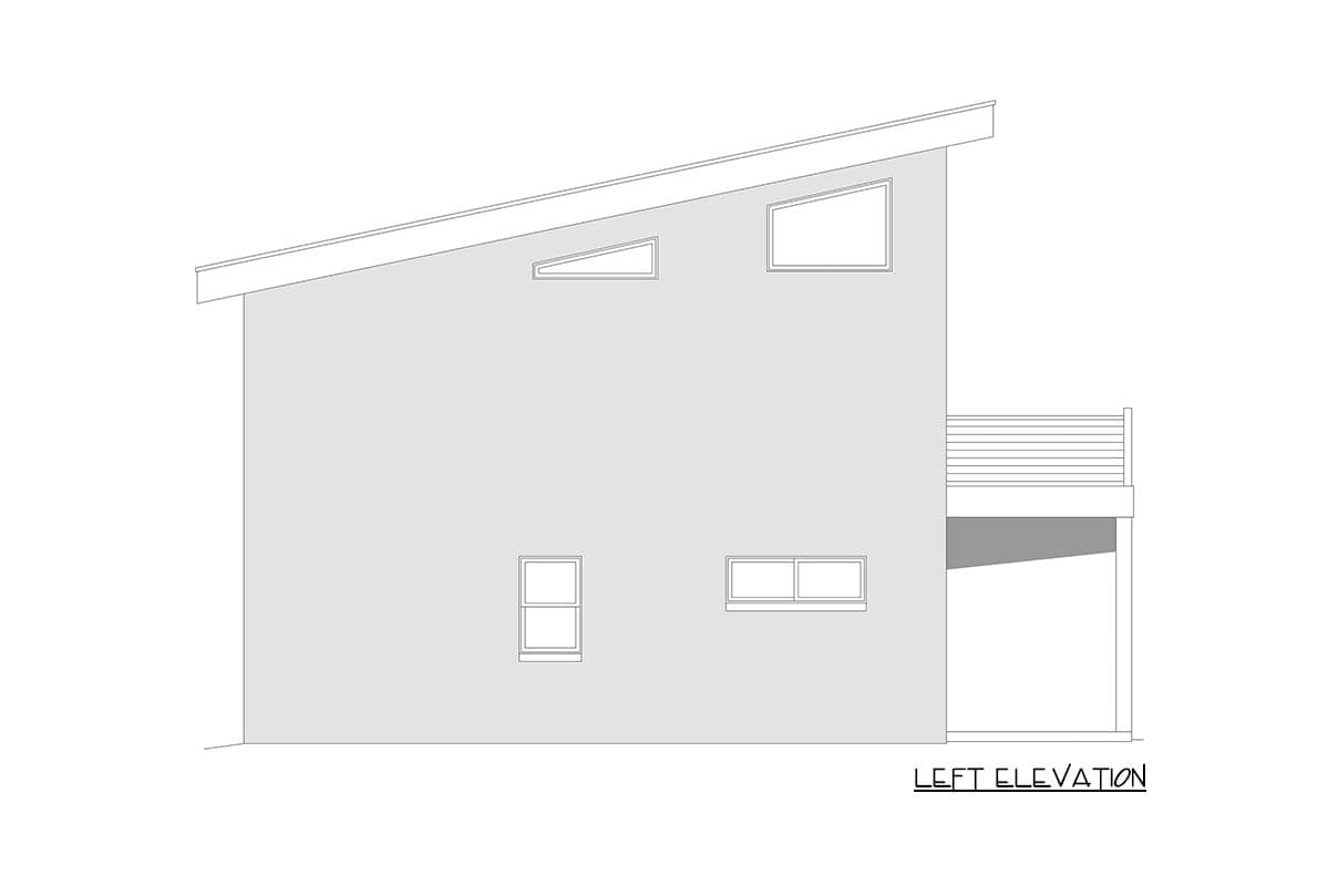 Left elevation of a house plan with a single-sloped roof, asymmetric windows, and a covered porch with a deck above.