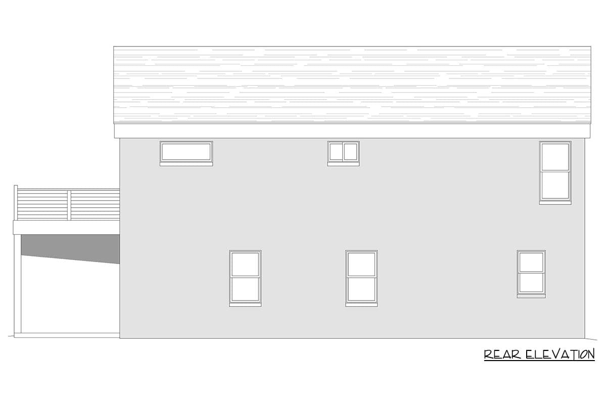 Rear elevation drawing of a house with a deck on the left, and seven windows distributed on the back wall.