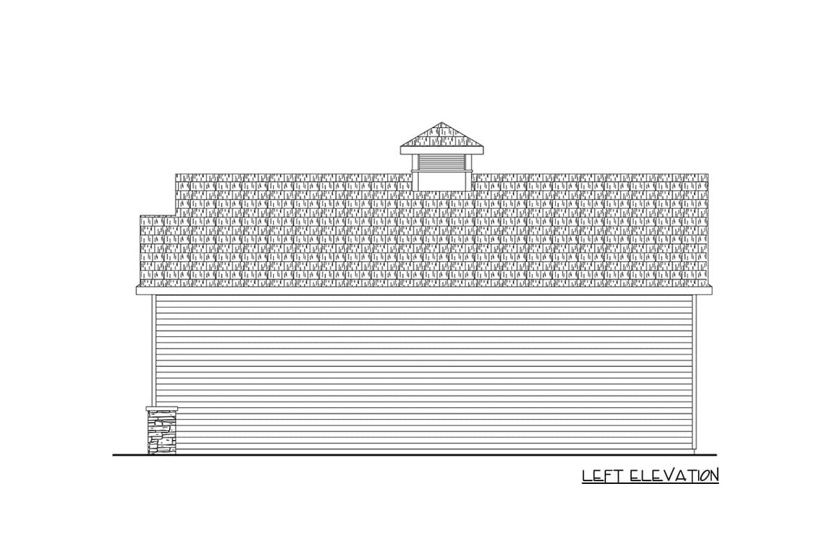 Left elevation of a house plan showing horizontal siding, stacked stone accent, and a hip roof with a cupola.