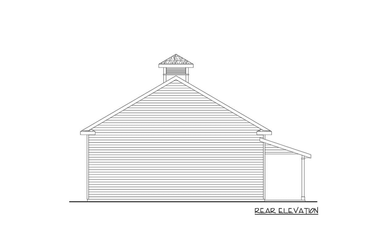 Rear elevation drawing of a house plan with horizontal siding, a gabled roof, and a covered porch.