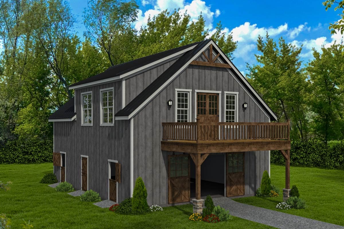 House plan exterior with two stories, barn style. Features include a balcony, gable roof, and open garage area below.