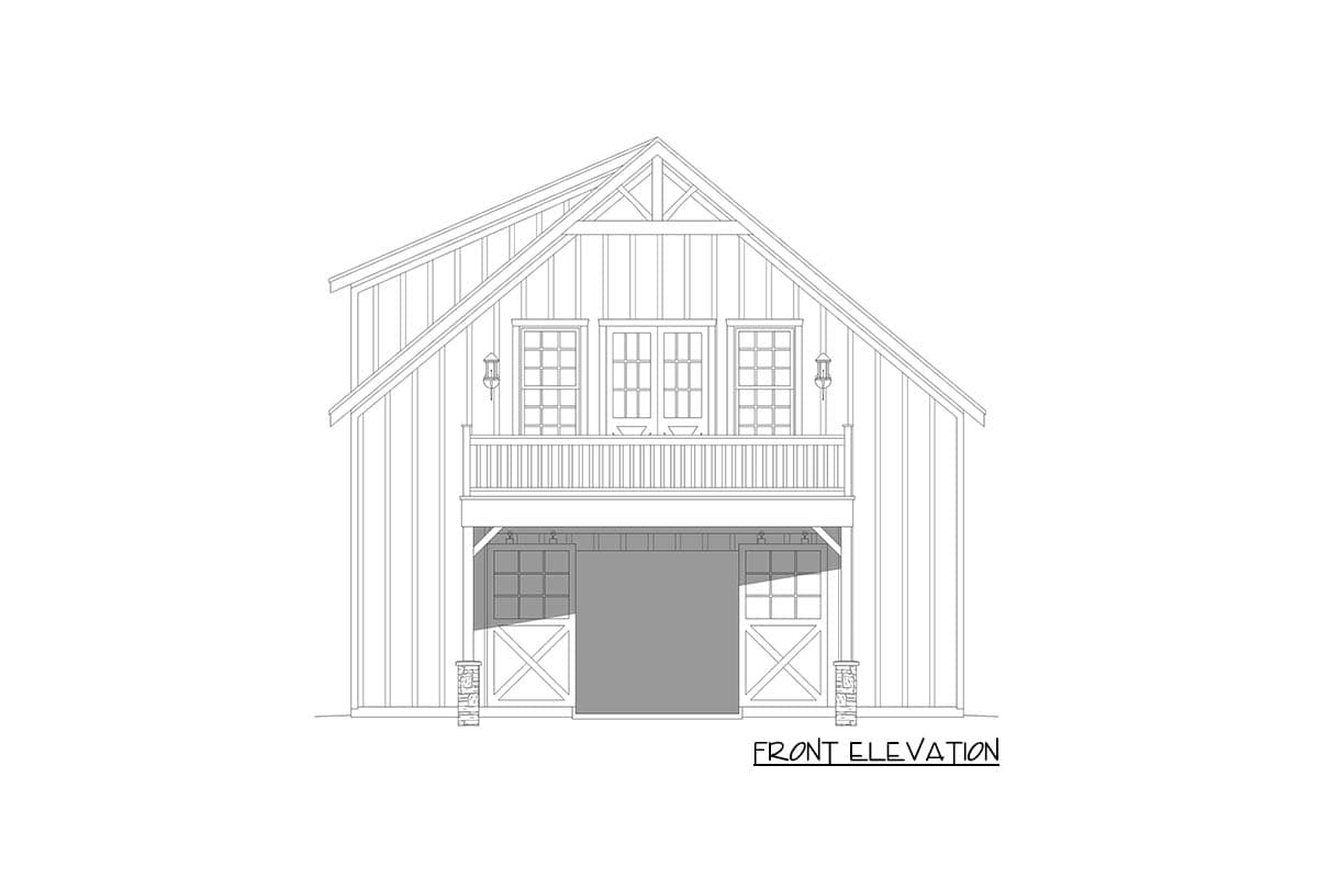 Front elevation drawing of a two-story house plan with a central garage door, balcony, and gable roof.