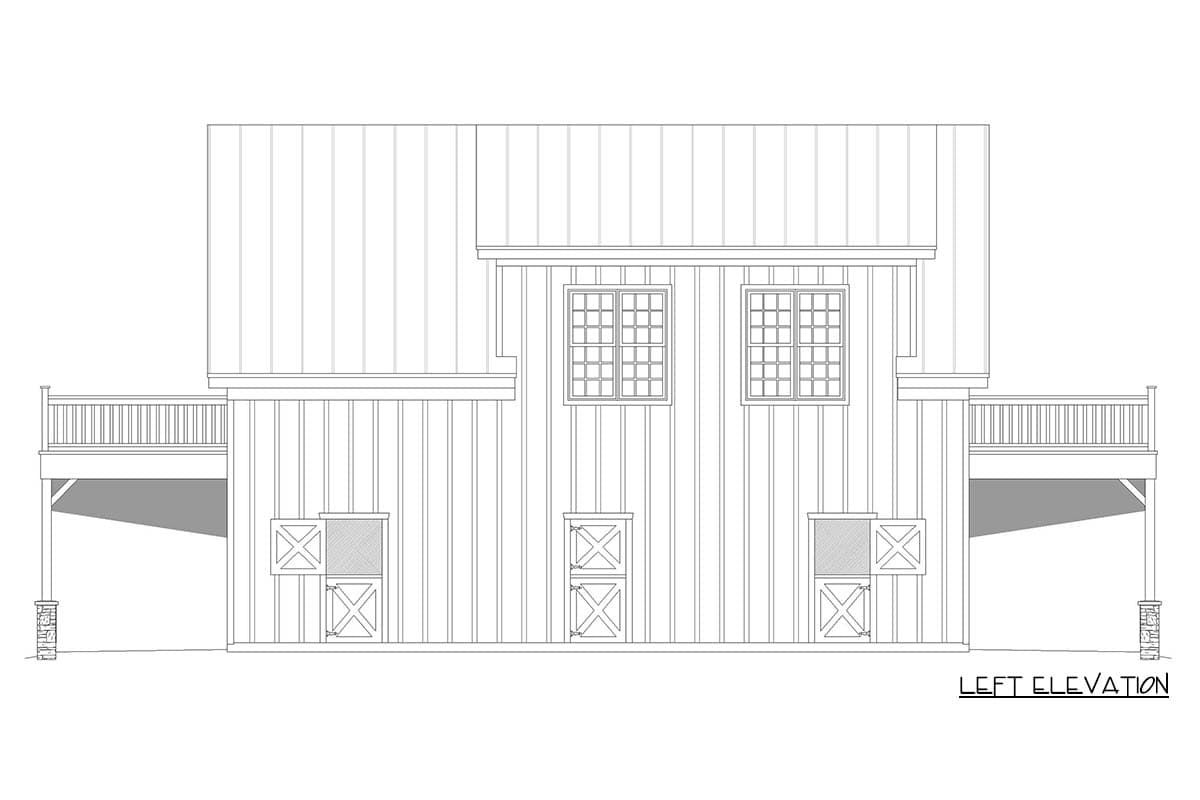 Left elevation house plan with vertical siding, two dormer windows, two upper windows, and two deck areas.