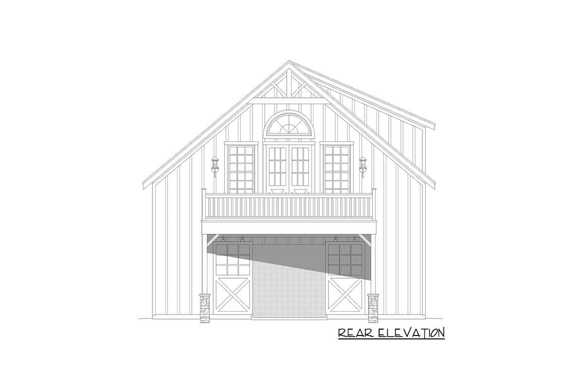 Rear elevation drawing of a two-story house plan with a barn-style roof, balcony, and double garage doors.