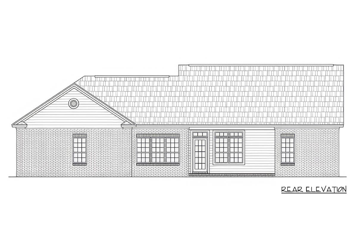 Rear elevation drawing of a one-story house plan with a gable end, brick base, and siding.