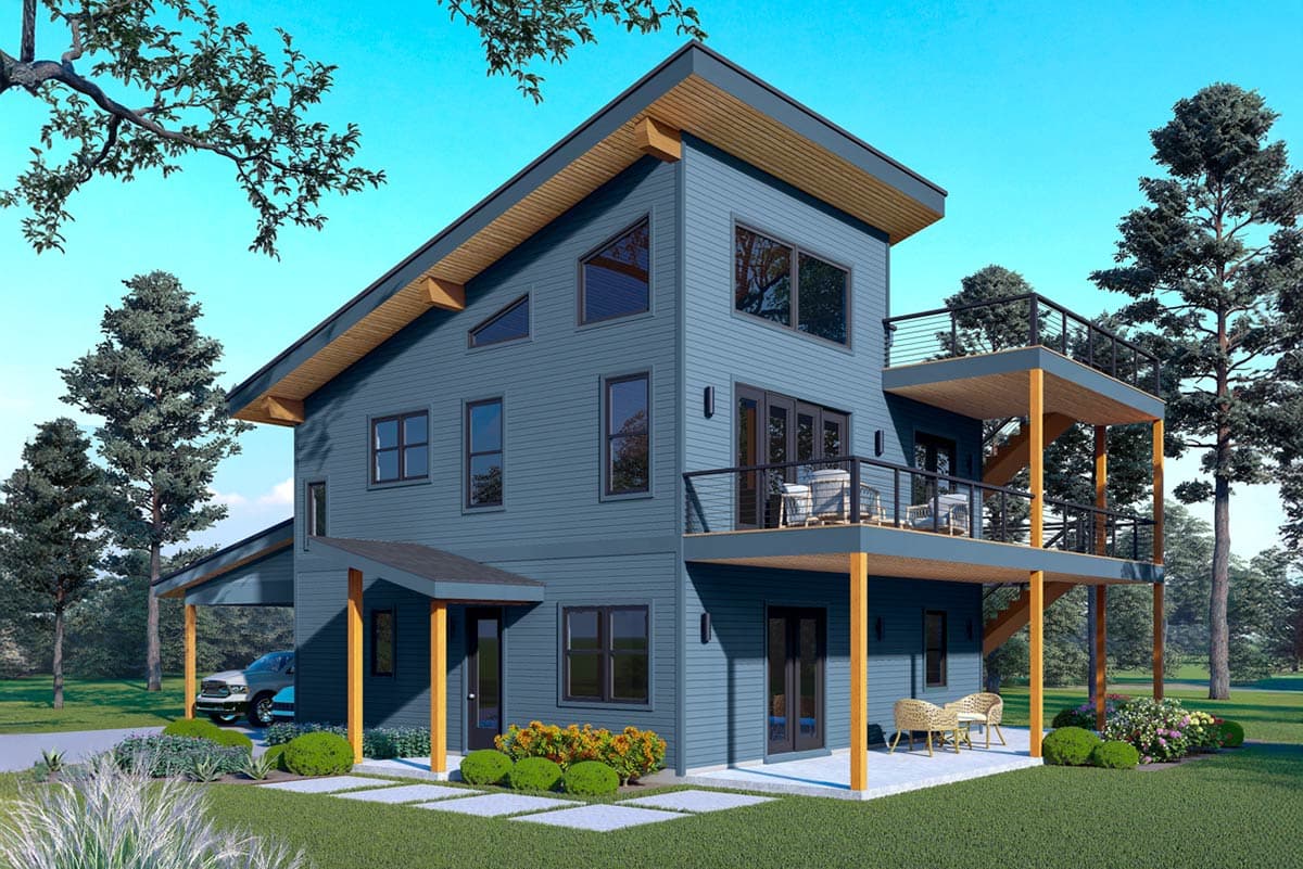 House plan exterior. Modern style, two-story home with a carport and deck. Features include shed roof, gabled dormer, and multiple balconies.