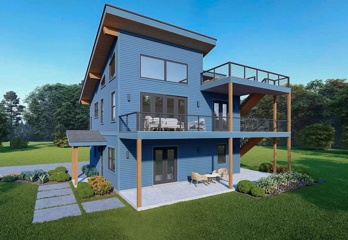 Modern house plan exterior, two stories, with a cantilevered deck, metal railings, shed roof, and large windows.