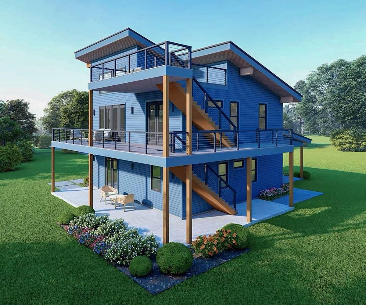 Modern two-story house plan with multiple decks, exposed wood beams, and a sloping roofline.