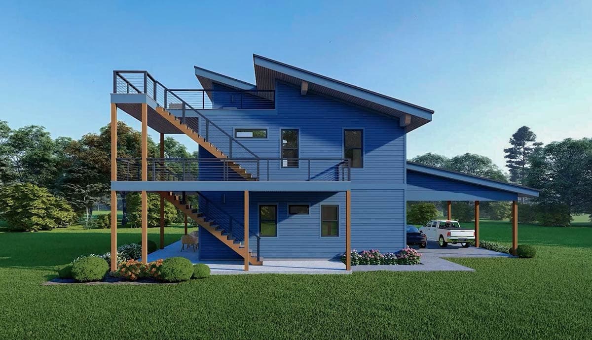 Modern two-story house plan with a car-port, asymmetrical rooflines, and exterior stairs to upper-level deck.