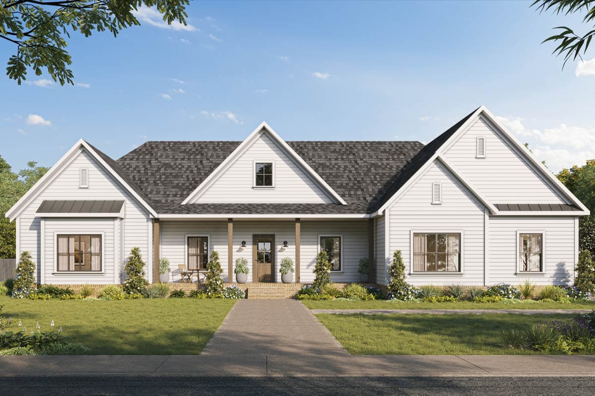 House plan exterior: Modern Farmhouse, single-story, with gabled dormers, covered front porch with wood posts, and multiple gables.