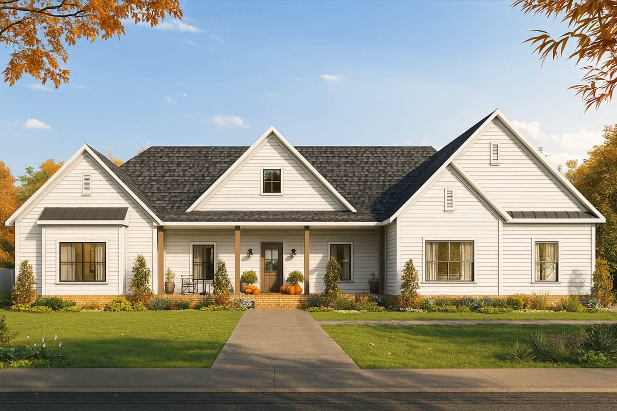 House plan exterior. Modern farmhouse style with gabled roof, covered porch, and horizontal siding. Features include multiple gables and dormers.