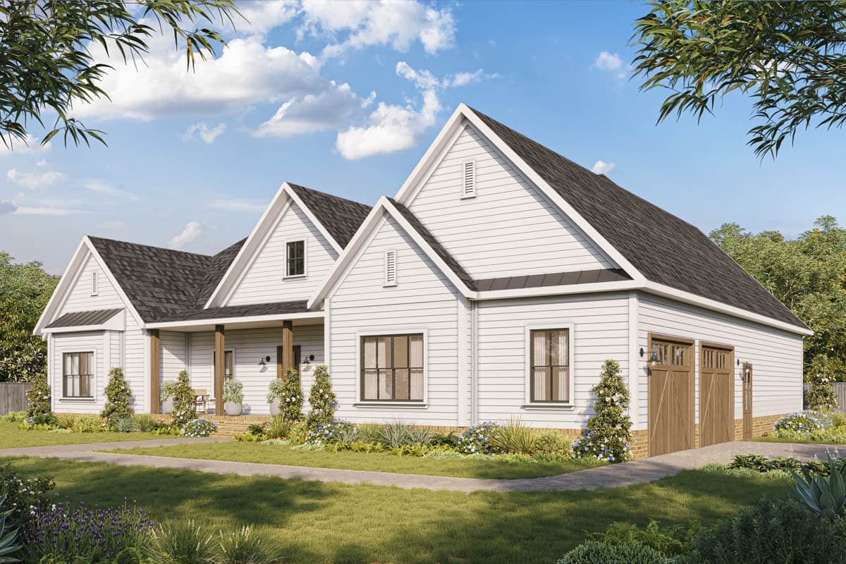 House plan exterior: Modern Farmhouse style, one story, with gables, porch, and a side-entry two-car garage.