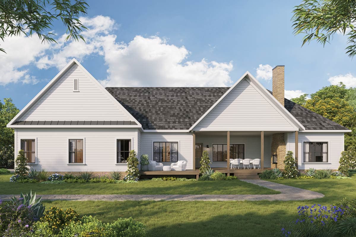 House plan exterior: Modern Farmhouse style, one story, with gabled dormers, front porch, and brick chimney.