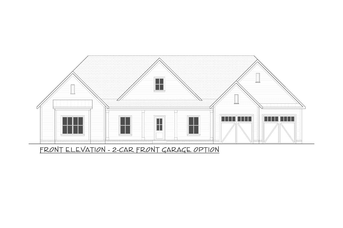 Front elevation drawing of a single-story house plan with a covered porch, gable dormer, and a two-car front garage.