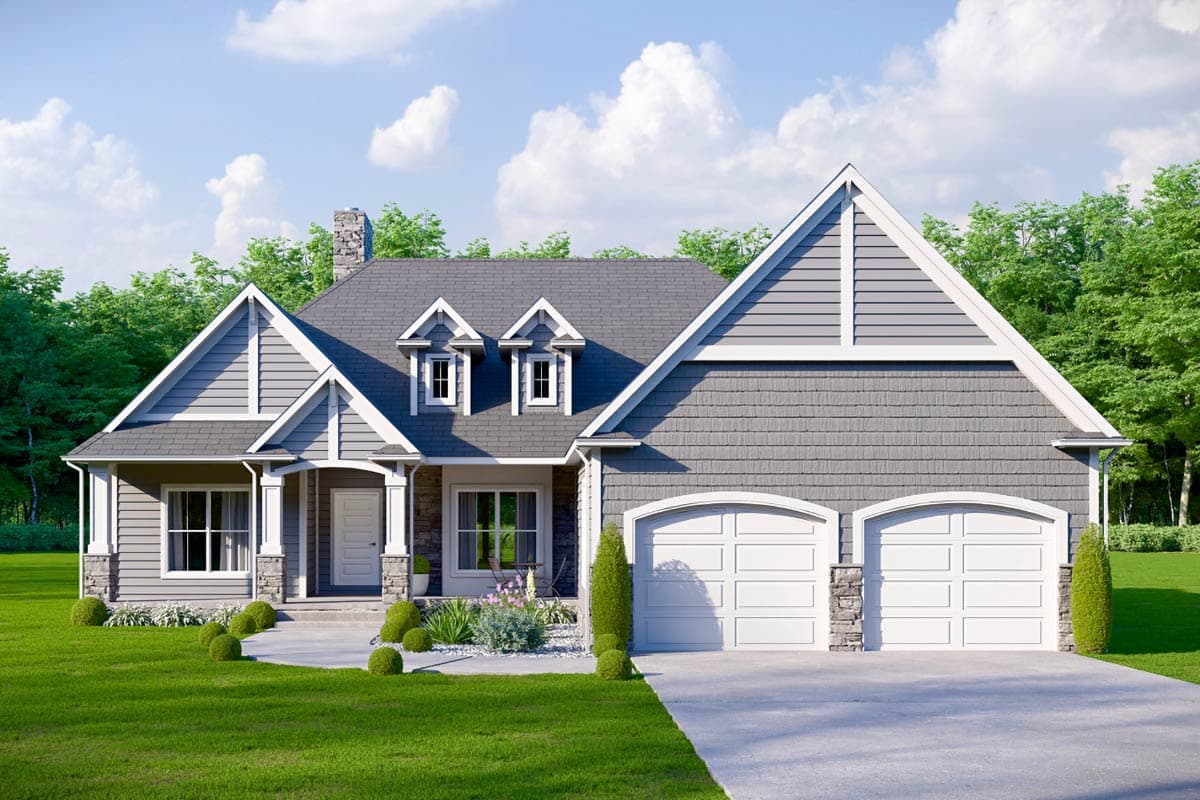 House plan exterior. Craftsman style, one-story home with gables, dormers, and an attached two-car garage. Features a covered front porch.