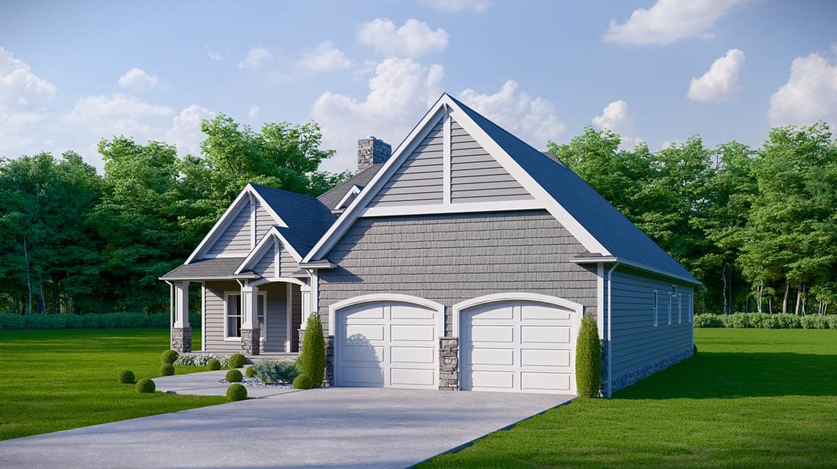 House plan exterior: Craftsman style, two-story, featuring a double garage, prominent gables, and stone accents.