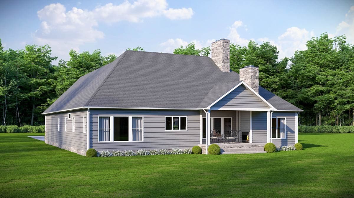 House plan exterior: Ranch style, single-story, with stone chimney, covered porch with seating, and large windows.