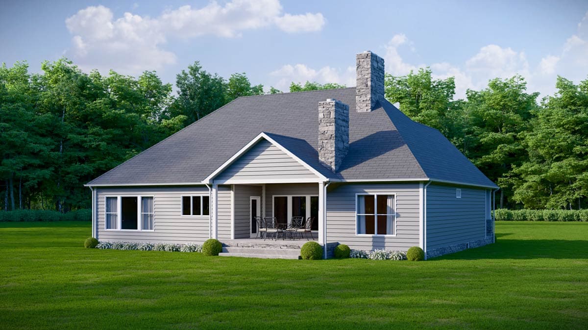 House plan exterior with two stone chimneys, a covered patio with seating, and multiple windows.