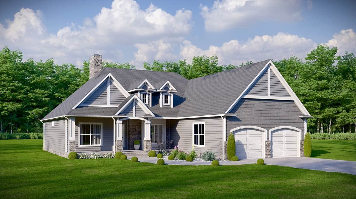 House plan exterior: Ranch style, single-story with stone chimney, dormers, gables, and a side-facing three-car garage.