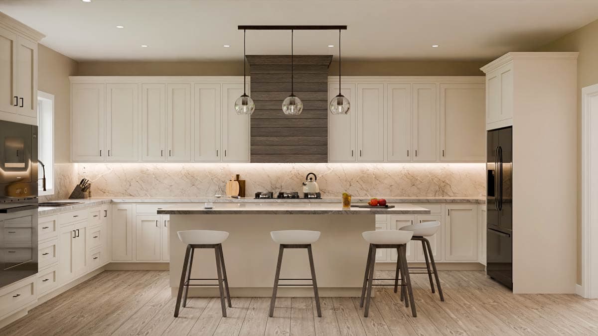 Kitchen with white Shaker cabinets, marble backsplash, island with seating, and wood-paneled range hood.