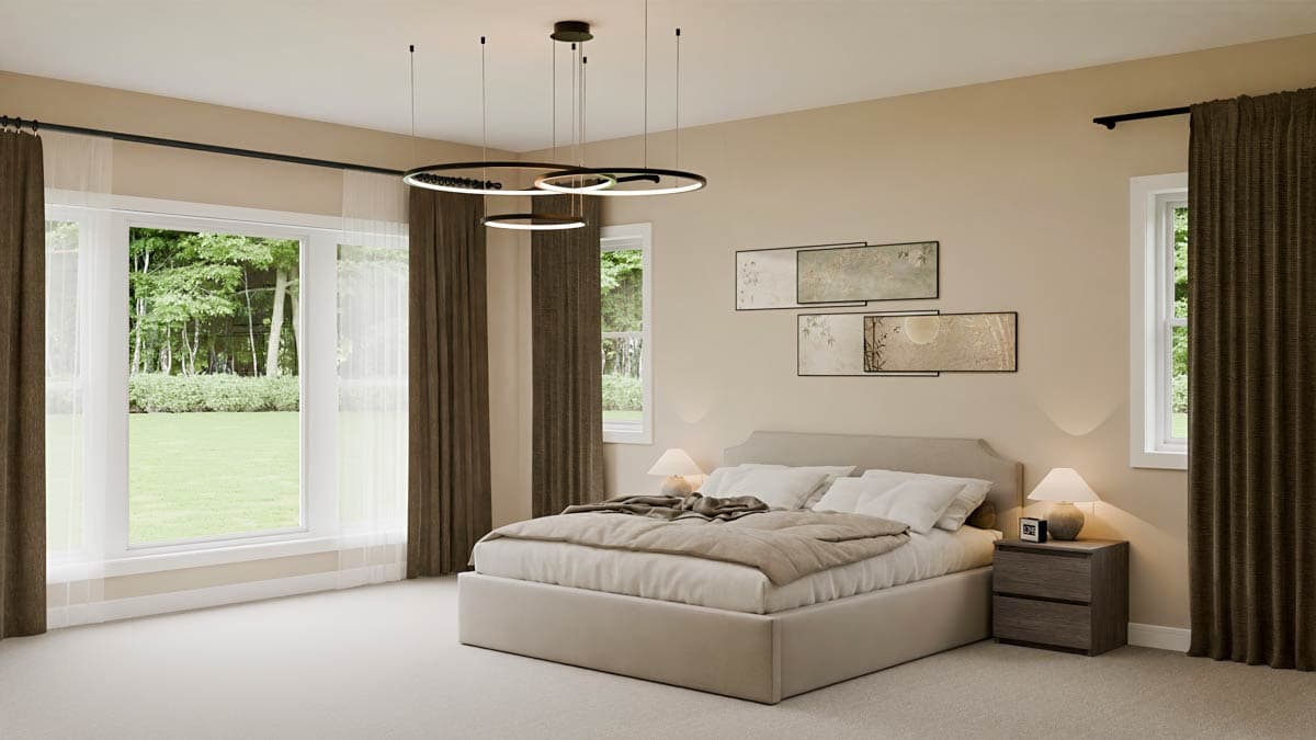 Bedroom with large windows, a king bed, and modern pendant lighting.