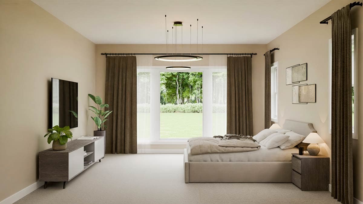 Bedroom rendering with a bed, media console, and large windows overlooking a lawn and trees.