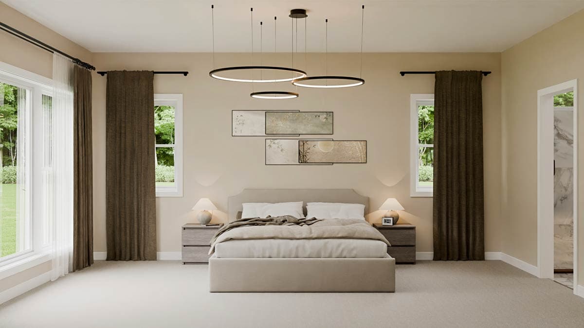 Primary bedroom with king bed, two nightstands, large windows with drapes, and modern pendant lighting.