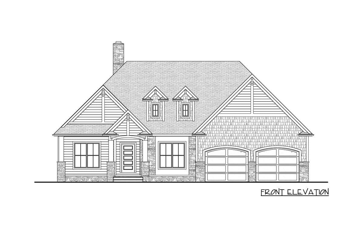 Front elevation drawing of a house plan with a prominent gable, two dormers, a stone chimney, and a triple garage.