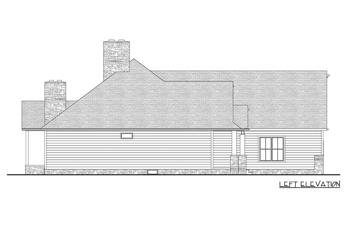 Left elevation of a house plan showing two stone chimneys, siding, porch support, and a multi-pane window.
