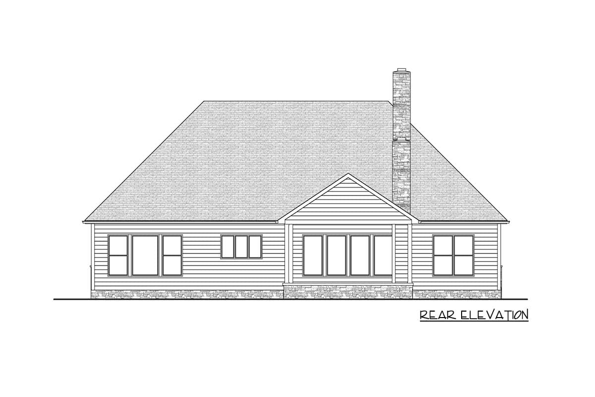Rear elevation of a one-story house plan with a gabled roof, stone foundation, and multiple windows.