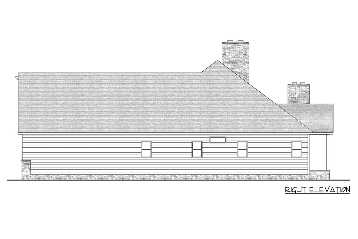Right elevation house plan drawing showing siding, stone foundation, multiple windows, and two chimneys.