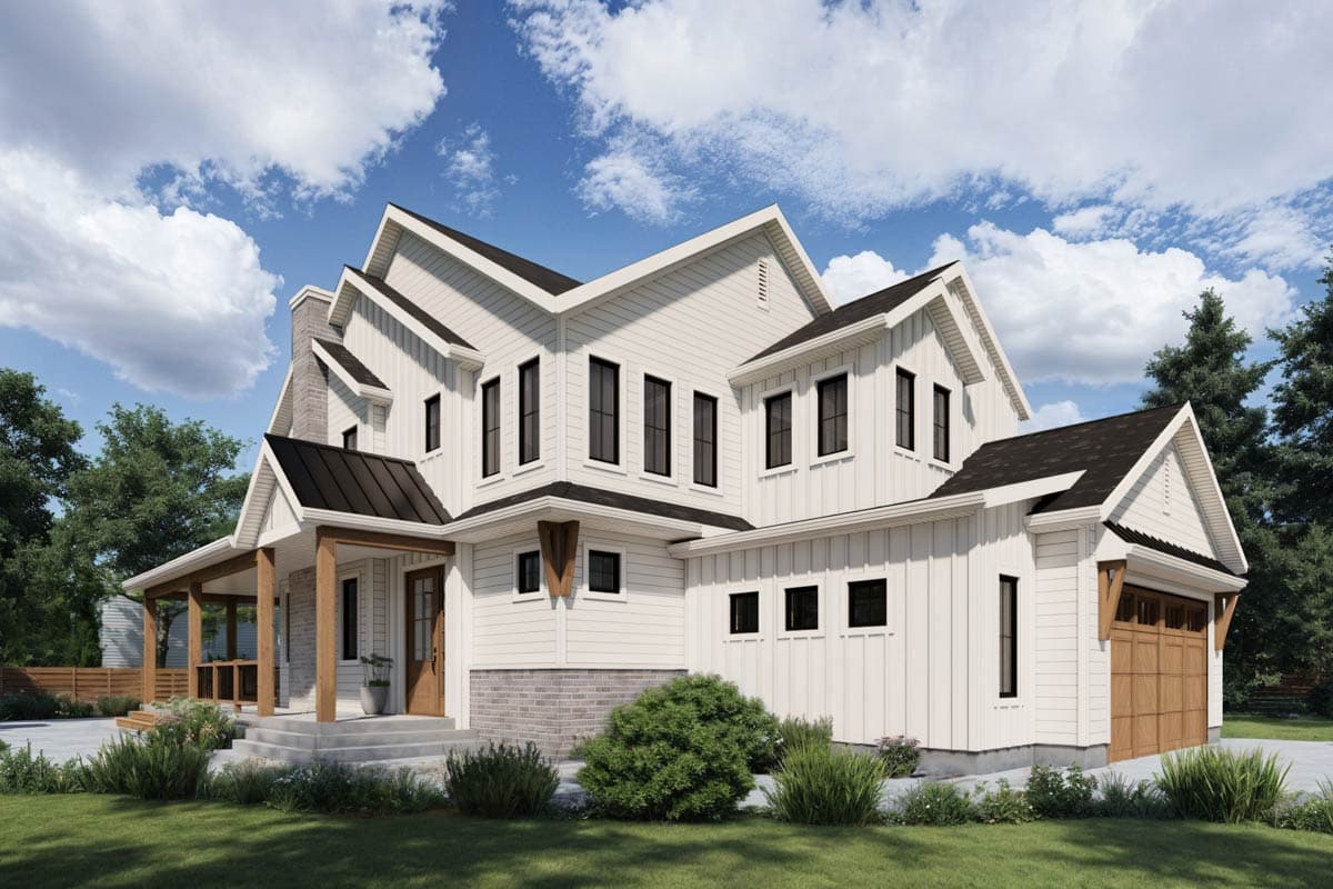 Modern Farmhouse house plan exterior with multiple gables, wrap-around porch, and attached garage.