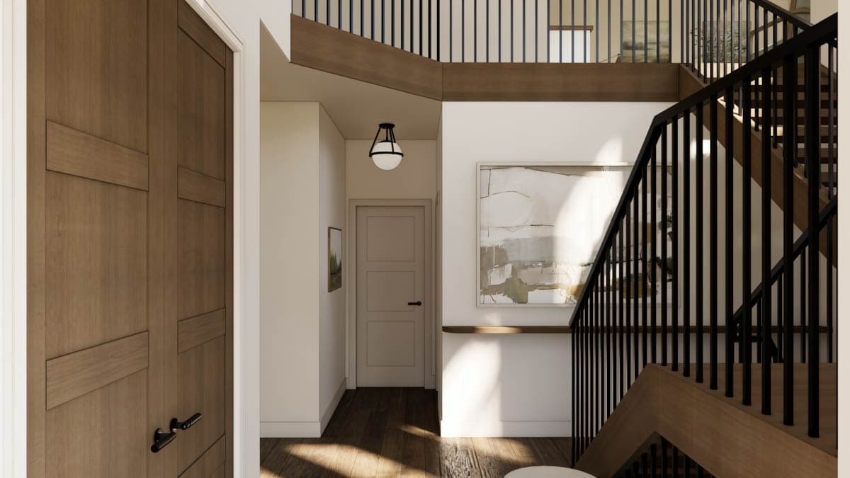 Interior rendering of a modern entryway with a wood-paneled closet, staircase with black railings, and abstract art.